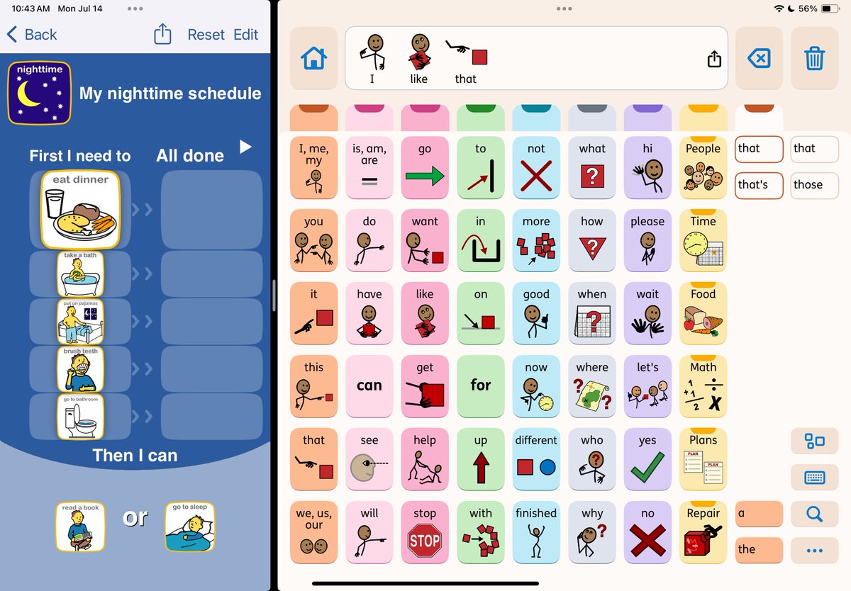 amoorad's tweet image. Cool to see that the recent update for the Choiceworks app added full support for use in Split View. Here’s what that can look like beside an AAC app that also fully supports Split View.
Note: Split View cannot be used in Guided Access since that locks the app into a single app