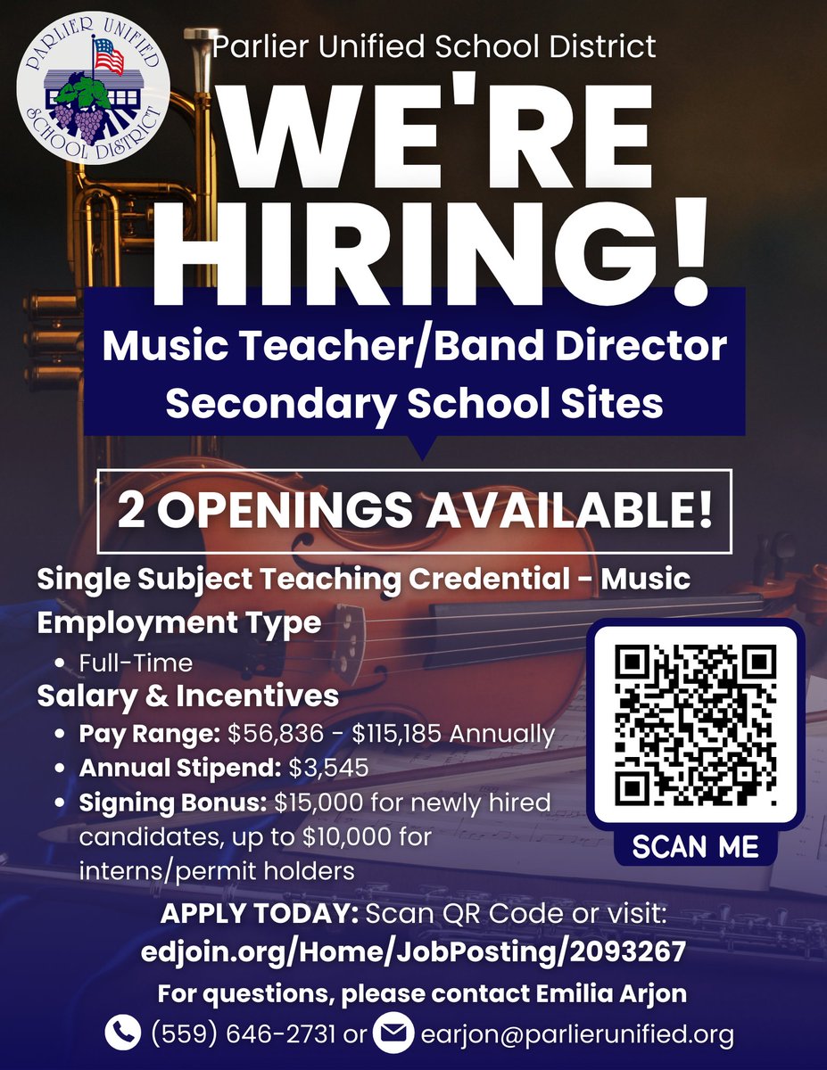🎶 Parlier Unified is hiring! 🎶
Join us as a Music Teacher/Band Director — 2 full-time positions available!
💵 $56K–$115K + $3.5K stipend
💰 Up to $15K hiring bonus
📍 Secondary sites
👉 Apply now: edjoin.org/Home/JobPostin…