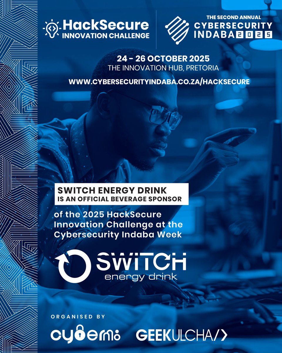 OurCyberM8's tweet image. Innovation requires energy, and we're excited to have @_Switch_energy Drink as the Official Beverage Sponsor of the 2025 HackSecure Innovation Challenge!
Join us from October 24-26 at The Innovation Hub, Pretoria, as we delve into the second annual Cybersecurity Indaba Week.
