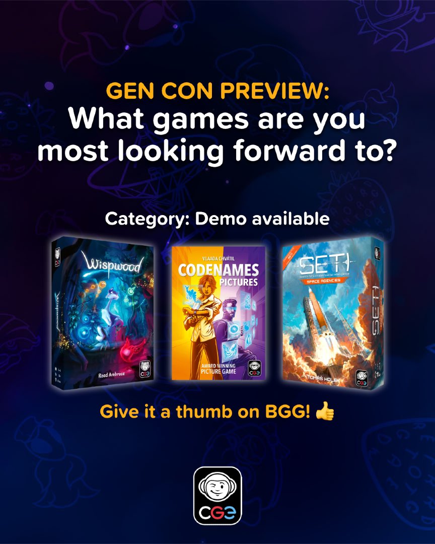 What games are you most hyped for at <a href="/Gen_Con/">Gen Con</a> ? 🚀🐾🕵️‍♀️  This is our demos lineup! Give your faves a thumbs-up inside <a href="/BoardGameGeek/">BoardGameGeek</a> preview article here 👍👍: f.mtr.cool/ouorrahlrq 
#GenCon #BoardGames #BGG #CGE #CzechGamesEdition
