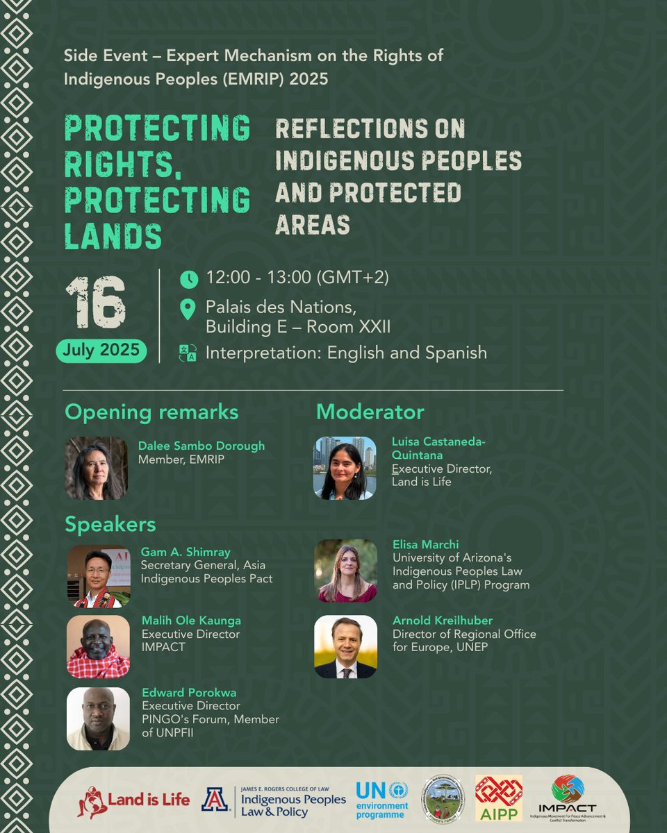 🌿Join us at #EMRIP2025 for:
 Protecting Rights, Protecting Lands: Reflections on Indigenous Peoples &amp; Protected Areas
📅 July 16 | 🕛 12:00–13:00 (GMT+2)
📍 Palais des Nations, Room XXII
🗣️ EN/ES interpretation
<a href="/UNEP/">UN Environment Programme</a> <a href="/iplp/">UA IPLP Program</a> <a href="/aippnet/">Asia Indigenous Peoples Pact (AIPP)</a>