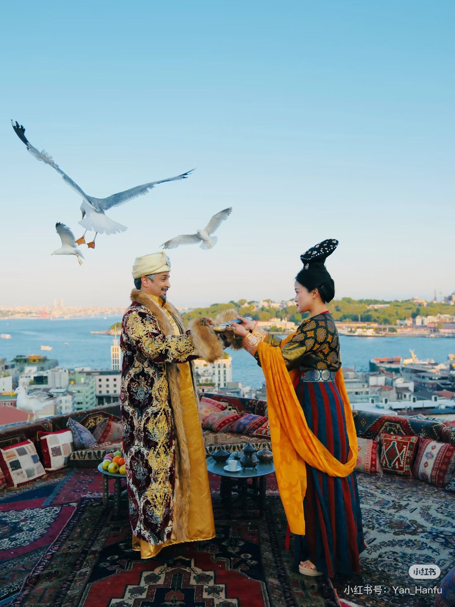 AmazingHanfu's tweet image. The #SilkRoad during Wu Zhou, linking Eastern and Western #civilizations, saw Chang'an camel caravans trade silk and porcelain and exchange exotic culture, with its #Hanfu blending Tang styles (waist-high skirt, light shawl, baoxianghua patterns, travel-friendly narrow sleeves)