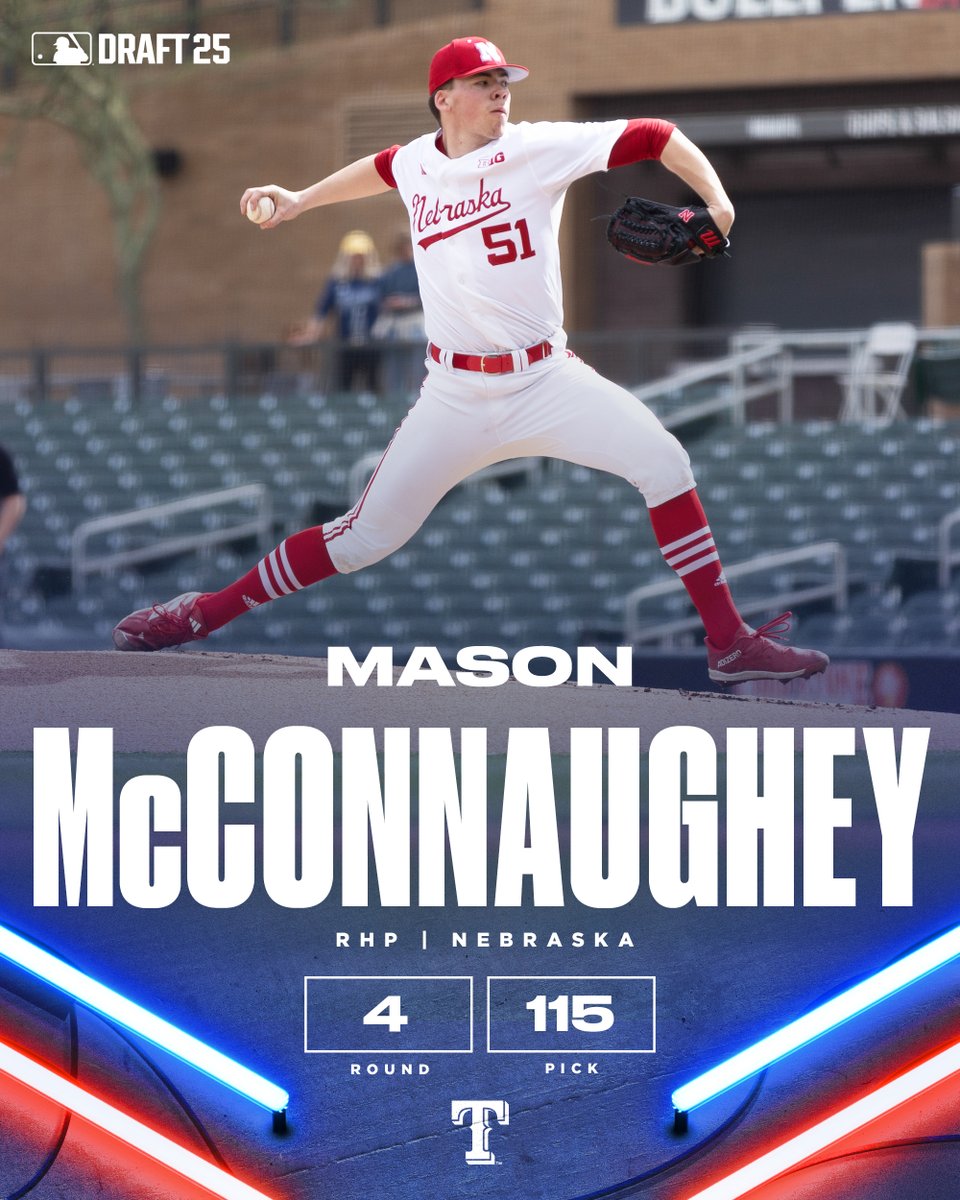 TEXPlayerDev's tweet image. With the 115th pick of the 2025 #MLBDraft, the Texas Rangers select RHP Mason McConnaughey from @HuskerBaseball