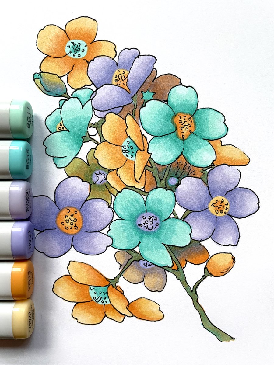 🌸🌼🌺 Bring out soft, delicate hues with pale pastels from Copic. Perfect for gentle transitions we often see with flowers, where layering creates shading—effortlessly.

Featuring BG11 (Moon White), BG15 (Aqua), BV0000 (Pale Thistle), BV01 (Viola), YR12 (Loquat), and YR31 (Light