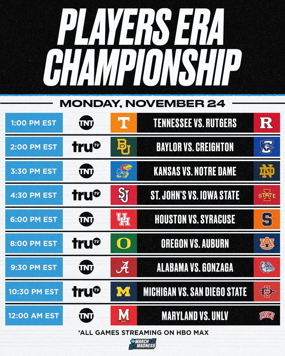 MarchMadnessMBB's tweet image. The 2025 Players Era Championship schedule has been released 🚨
Watch every game of the tournament on TNT, truTV, or streaming on HBO Max 📺