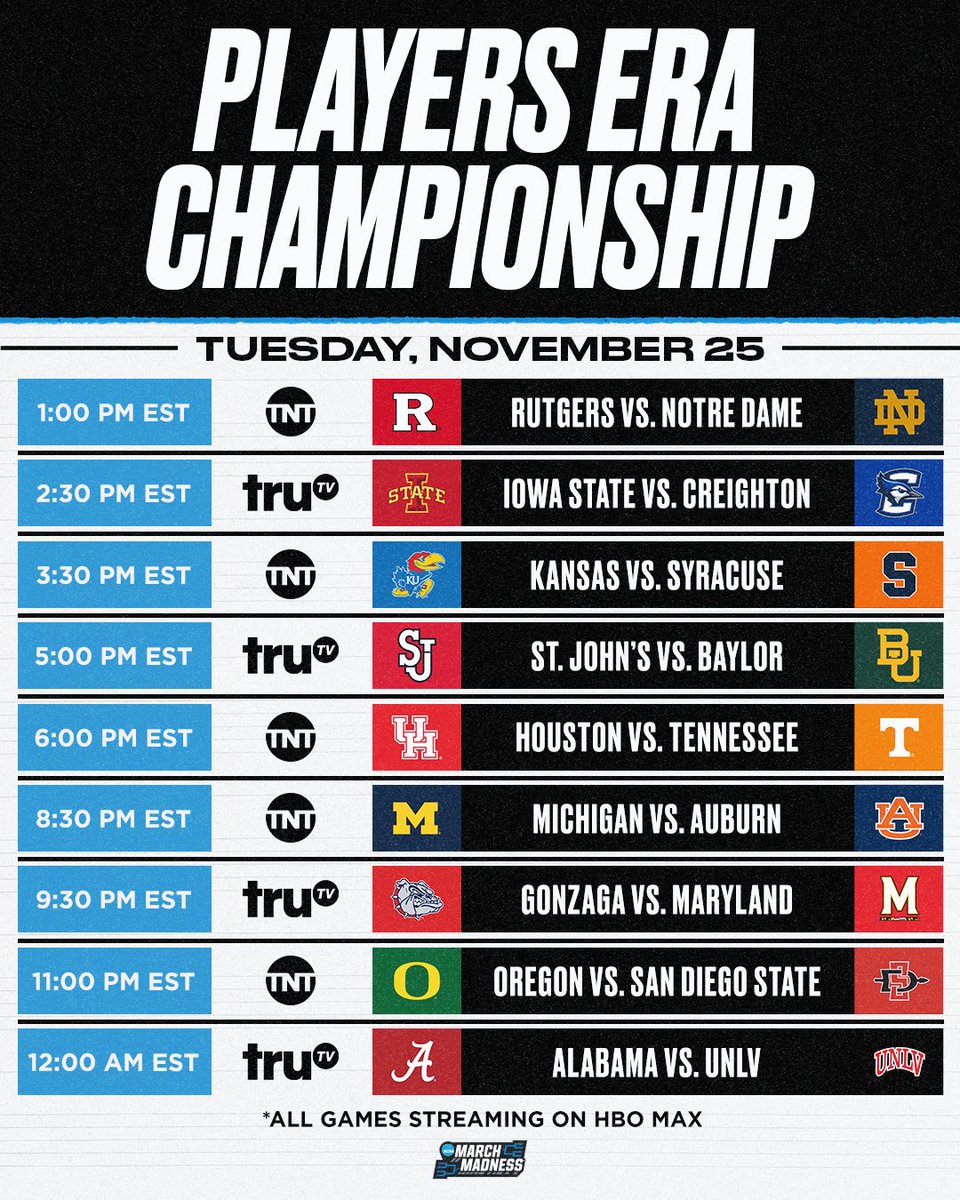 MarchMadnessMBB's tweet image. The 2025 Players Era Championship schedule has been released 🚨
Watch every game of the tournament on TNT, truTV, or streaming on HBO Max 📺