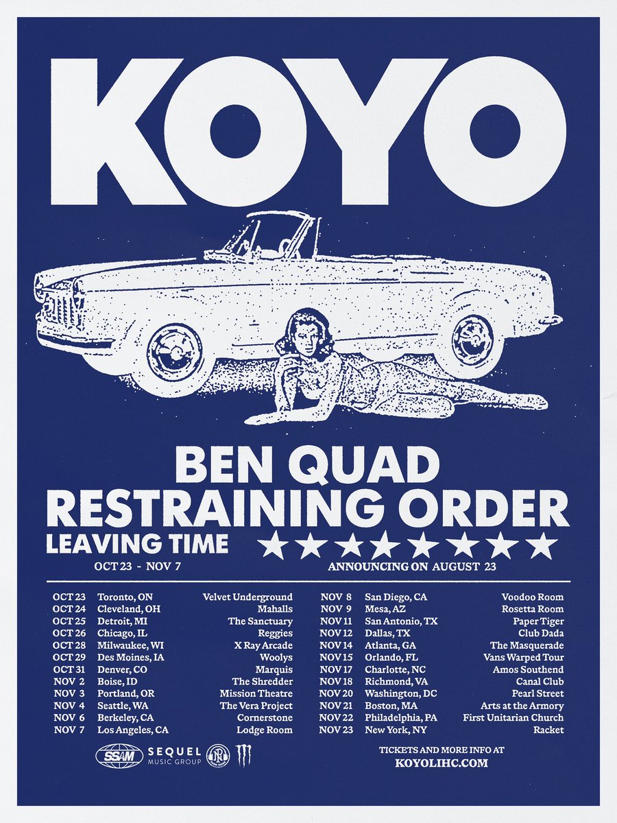 koyolihc's tweet image. The first ever real deal Koyo headlining tour. Shoutout @benquadok, @restrainingorderhc, and @leavingtimeband for joining us.
Tickets on sale Friday noon local time at koyolihc.com.