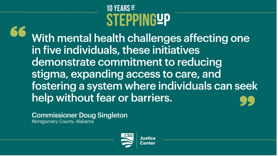 CSGJC's tweet image. Over the past 10 years, #SteppingUp counties have been transforming their local justice and behavioral health systems to address and reduce behavioral health needs in jails and communities.
This is what “stepping up” means to the leaders doing it: stepuptogether.org/10-year-impact/