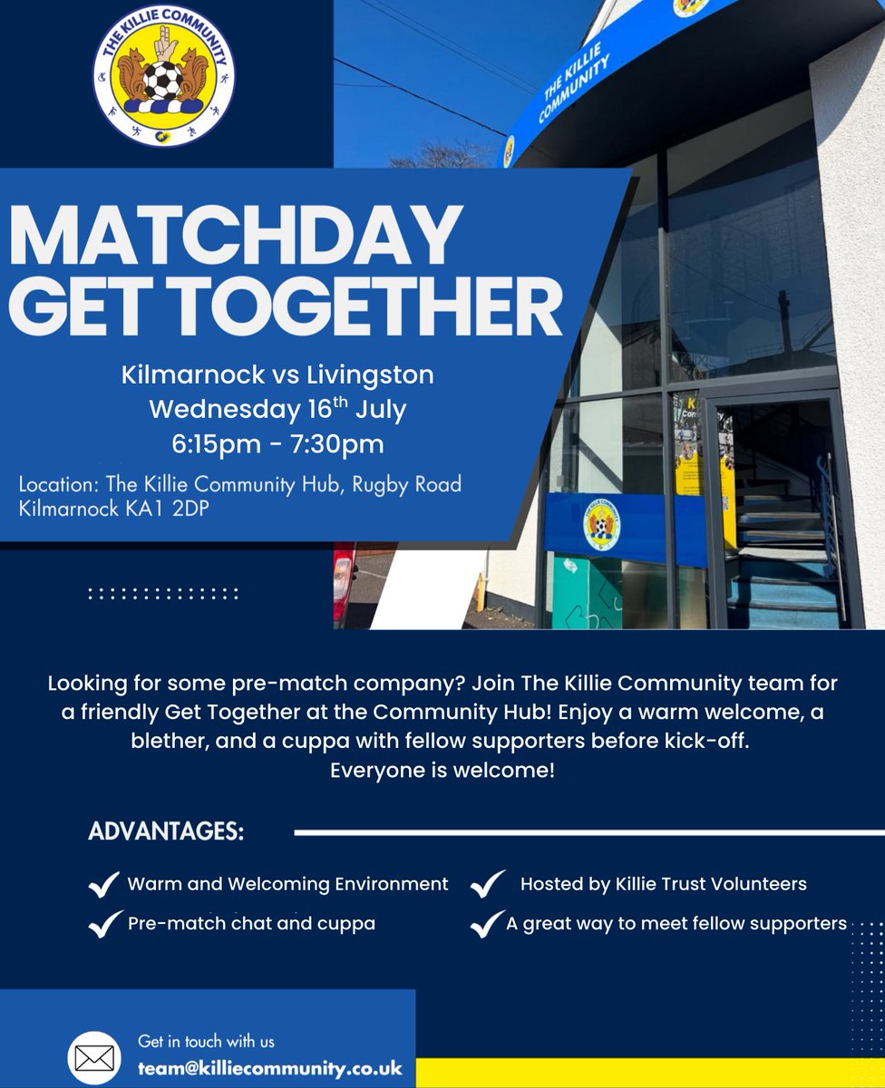 KillieCommunity's tweet image. 🏟️ Heading to Rugby Park this Wednesday? Come along to our free pre-match Get Together! 💙
This initiative is run in partnership with @KillieTrust, helping bring fans together before kick-off.