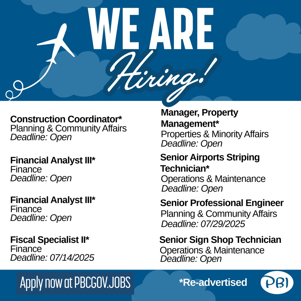 JOIN OUR TEAM!
 
Your airport career starts here!
 
Explore exciting opportunities and apply today: pbcgov.jobs