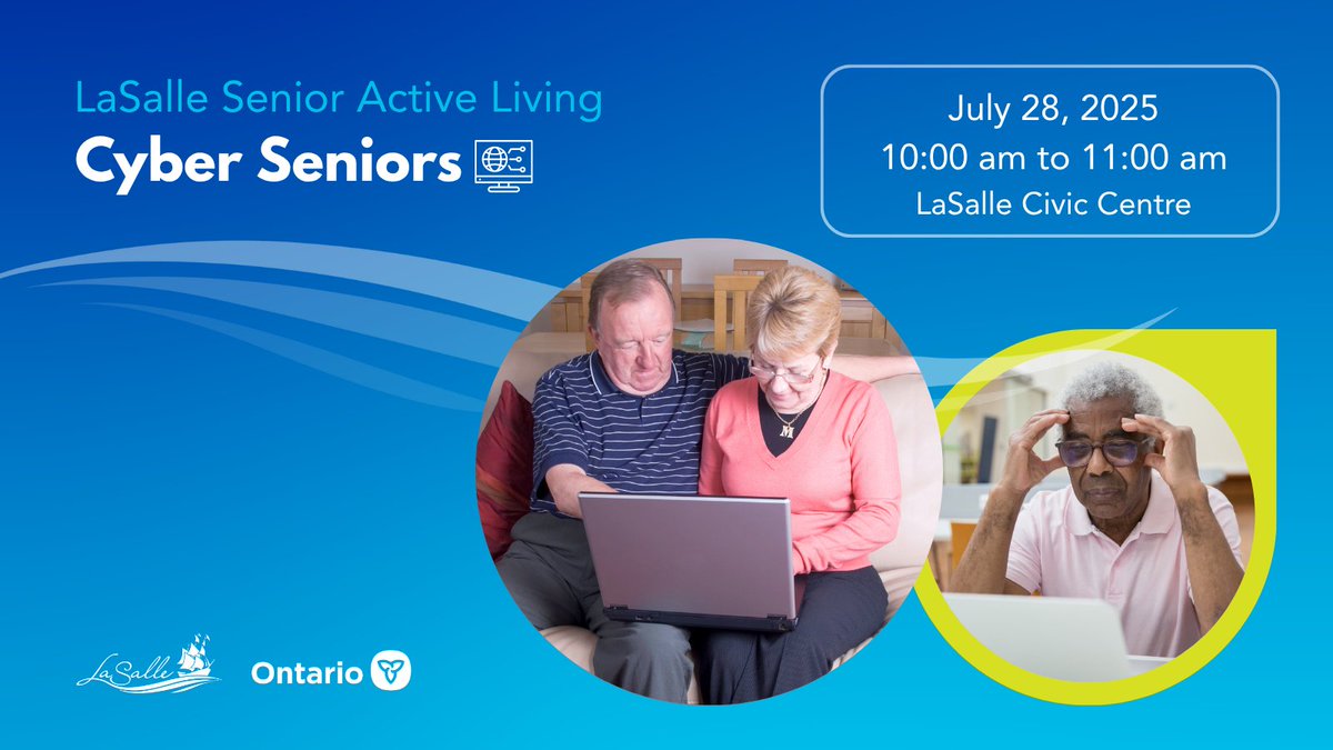 We are offering free weekly programs to promote social and active living for seniors. #LivingLaSalle Open to ages 55+ 
Registration is now open:  
Monday, July 28, Cyber Seniors: 
Location: LaSalle Civic Centre, 5950 Malden Rd., Friendship Club Room
Visit: ow.ly/uooC50Wcrcp