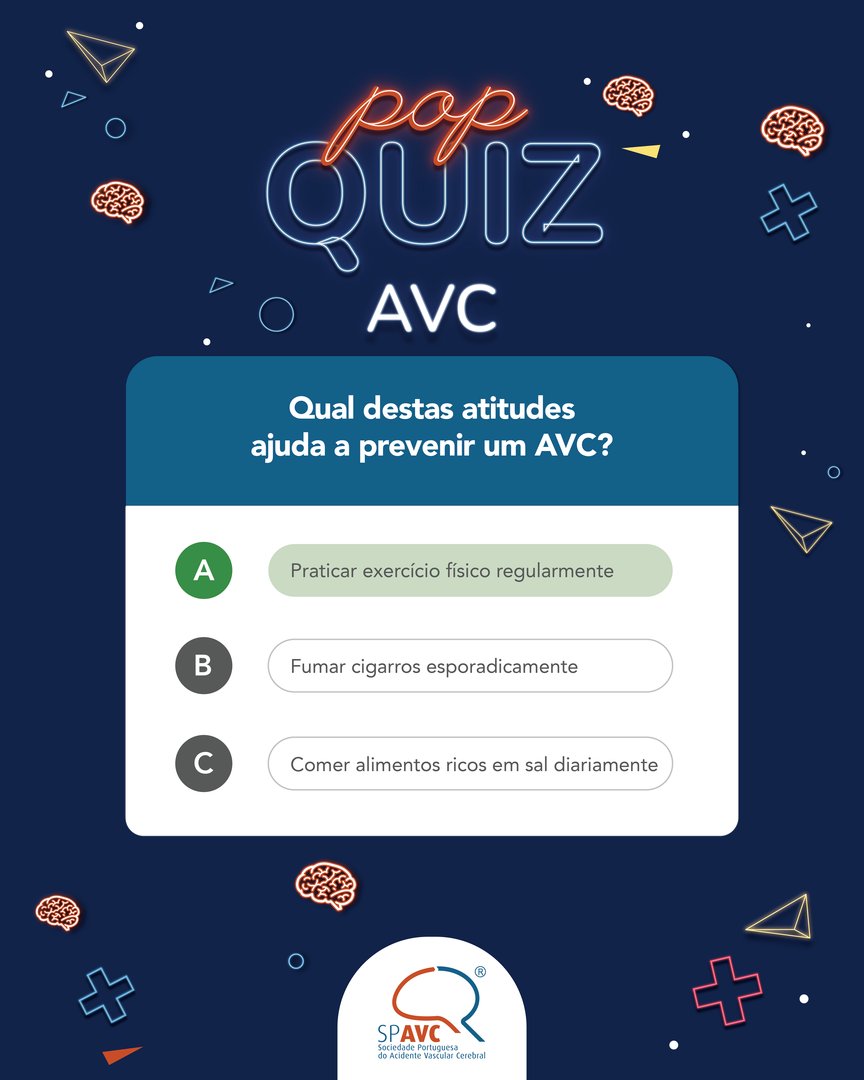 SPAVC_pt's tweet image. ➡️ Praticar exercício físico é uma das formas de prevenção do AVC. Manter-se ativo ajuda a controlar fatores de risco como a hipertensão arterial, o colesterol elevado, a diabetes e o excesso de peso.
#SPAVC #QuizSPAVC #Curiosidades