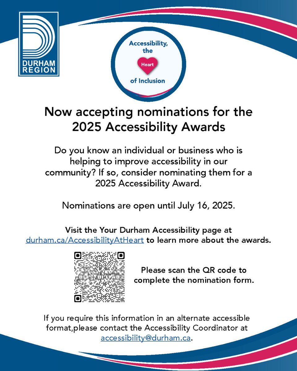 CityofPickering's tweet image. Nominate a Pickering resident or business for a 2025 Accessibility Award hosted by the Region of Durham Accessibility Advisory Committee (AAC).

🗓️ Nominations open until July 16, 2025
🔗 durham.ca/AccessibilityA… 

#PickeringProud #AccessibilityAward2025 #InclusivePickering