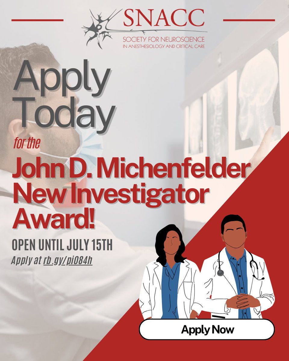 SNACCNeuro's tweet image. New investigators: the John D. Michenfelder Award spotlights early-career excellence. This is the last day to get your app in before July 15! Award is presented annually for a manuscript relevant to SNACC's mission & published in a peer-reviewed journal. snacc.org/membership/a-c…
