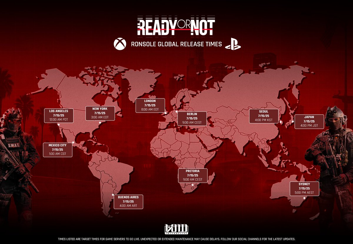 VOIDInteractive's tweet image. Attention officers - coming soon to a console near you. Ready or Not is launching UTC 7:00am. Take a look at the global map to see when it launches for you!