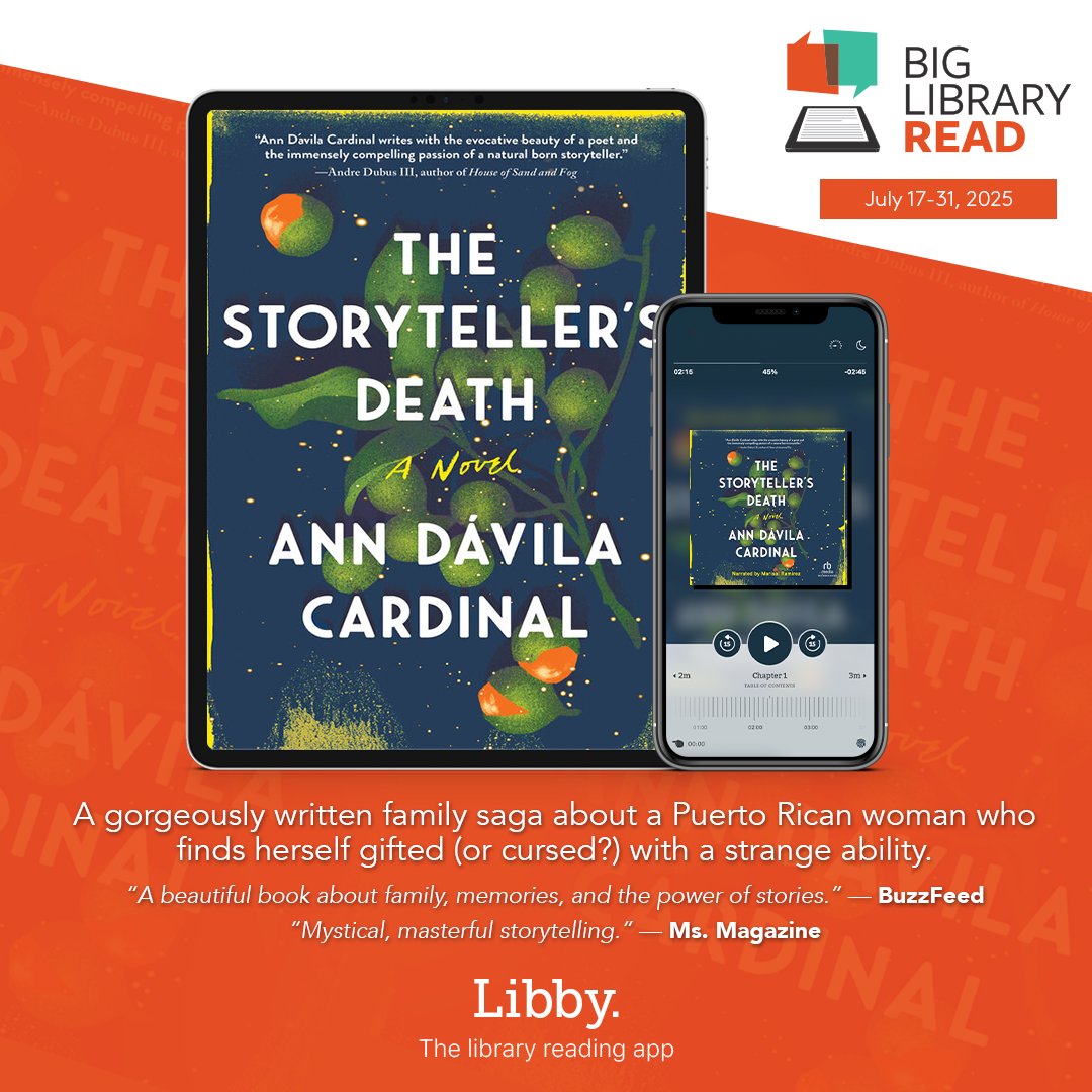 #BigLibraryRead 📚 a digital book club connecting readers to the same ebook &amp; audiobook with no waitlists or holds, starts July 17th! The featured title is 'The Storyteller's Death' by Ann Dávila Cardinal. Borrow the title and join the discussion
 🌟 link.overdrive.com/biglibraryread…