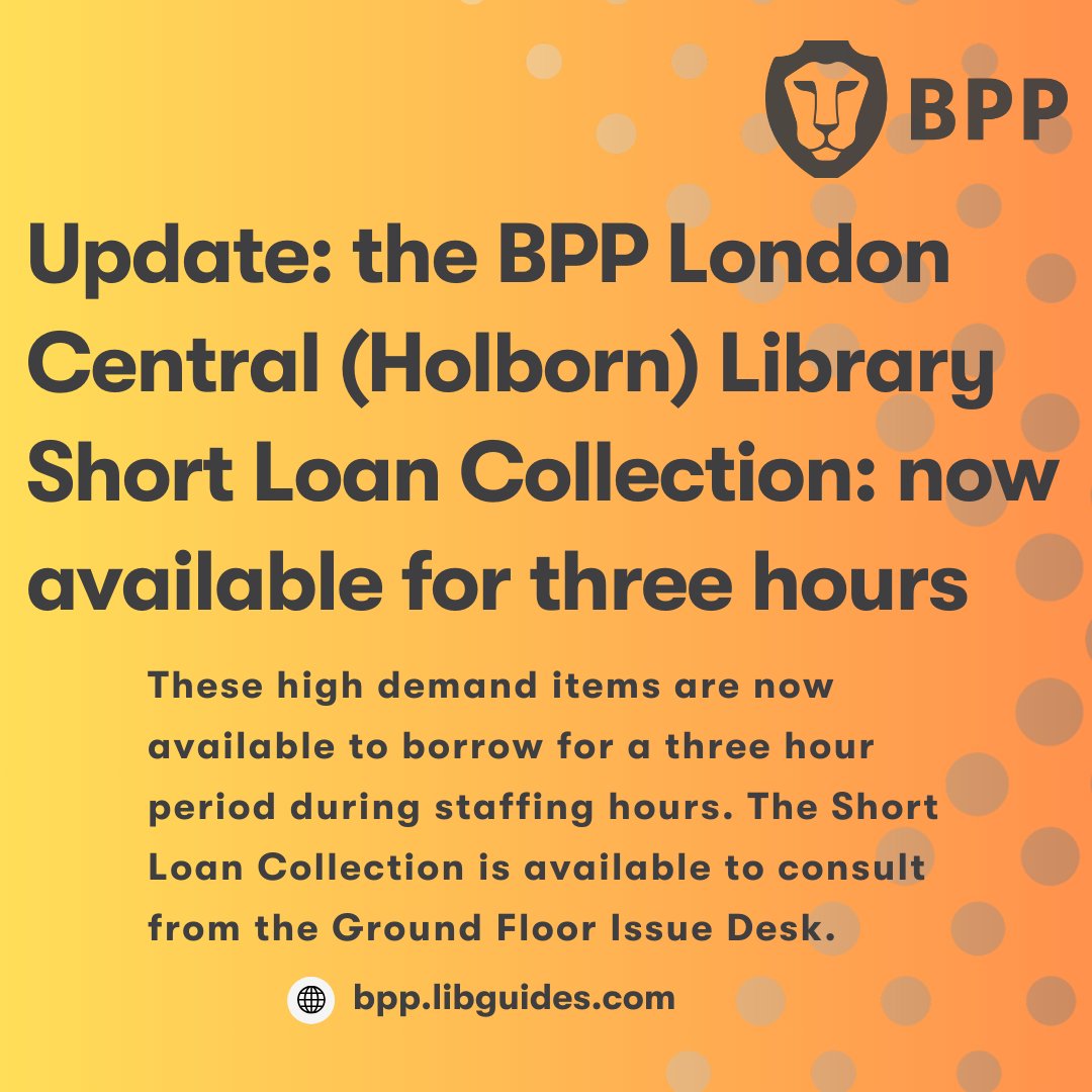 🔔Library update: From 14/07/25, our BPP London Central (Holborn) Library Short Loan Collection will be available for a three-hour borrowing period during staffing hours. For more information, please see our most recent blog post. bpp.libguides.com/blogs/home/lib… 
#BPPLibrary