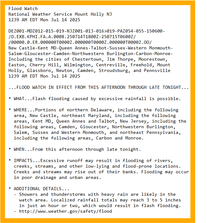 NCCO_DE_Skywarn's tweet image. Flood Watches are posted regarding the significant chance of "Excessive Rainfall" visit weather.gov/phi for more :