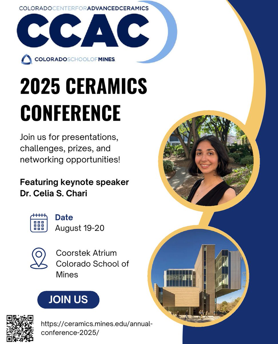 Join fellow students at the 2025 Colorado Center for Advanced Ceramics (CCAC) Annual Conference – August 19–20 at Colorado School of Mines! 

⌛️ Registration deadline is tomorrow, July 15th – don’t miss it!
#Ceramics #CCAC2025 #MaterialsScience #StudentOpportunities