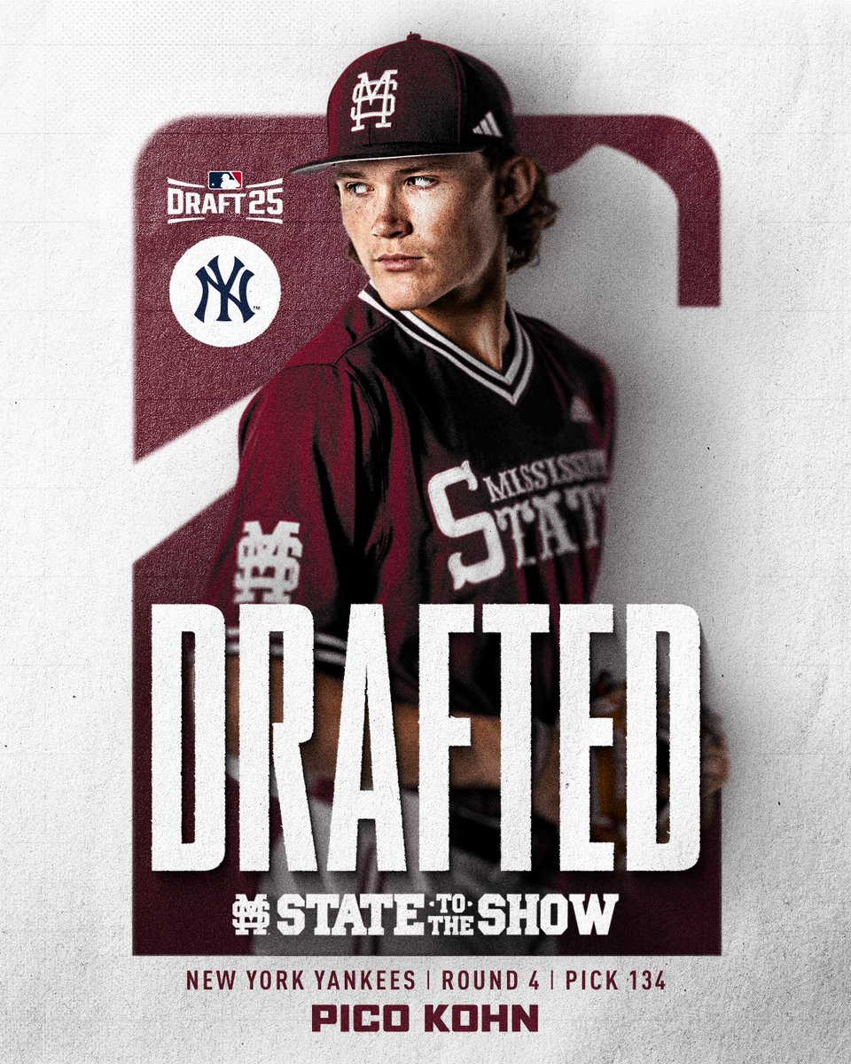 Mississippi State Baseball (@hailstatebb) on Twitter photo M over S ➡️ <a href="/Yankees/">New York Yankees</a>
The New York Yankees have selected Pico Kohn ‼️
#HailState | #StateToTheShow M over S ➡️ <a href="/Yankees/">New York Yankees</a>
The New York Yankees have selected Pico Kohn ‼️
#HailState | #StateToTheShow