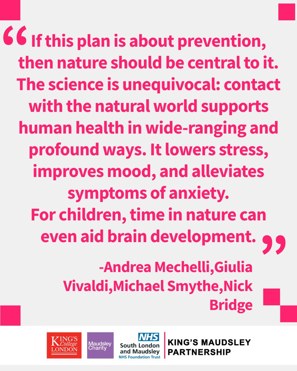 KingsMaudsley's tweet image. How can nature support the @NHSEngland 10-Year Plan’s prevention goals?
@KingsIoPPN experts in @Independent share why green spaces & biodiversity are powerful partners in building healthier futures.
Read more- ow.ly/ywaA50WomLx
#ChildMentalHealth #KingsMaudsleyPartnership