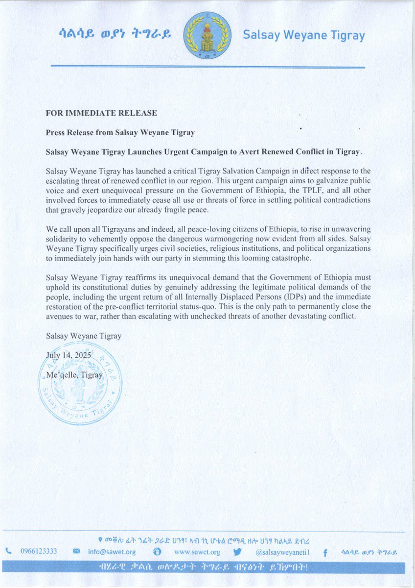 We call upon all Tigrayans and indeed, all peace-loving citizens of Ethiopia, to rise in unwavering solidarity to vehemently oppose the dangerous warmongering now evident from all sides.