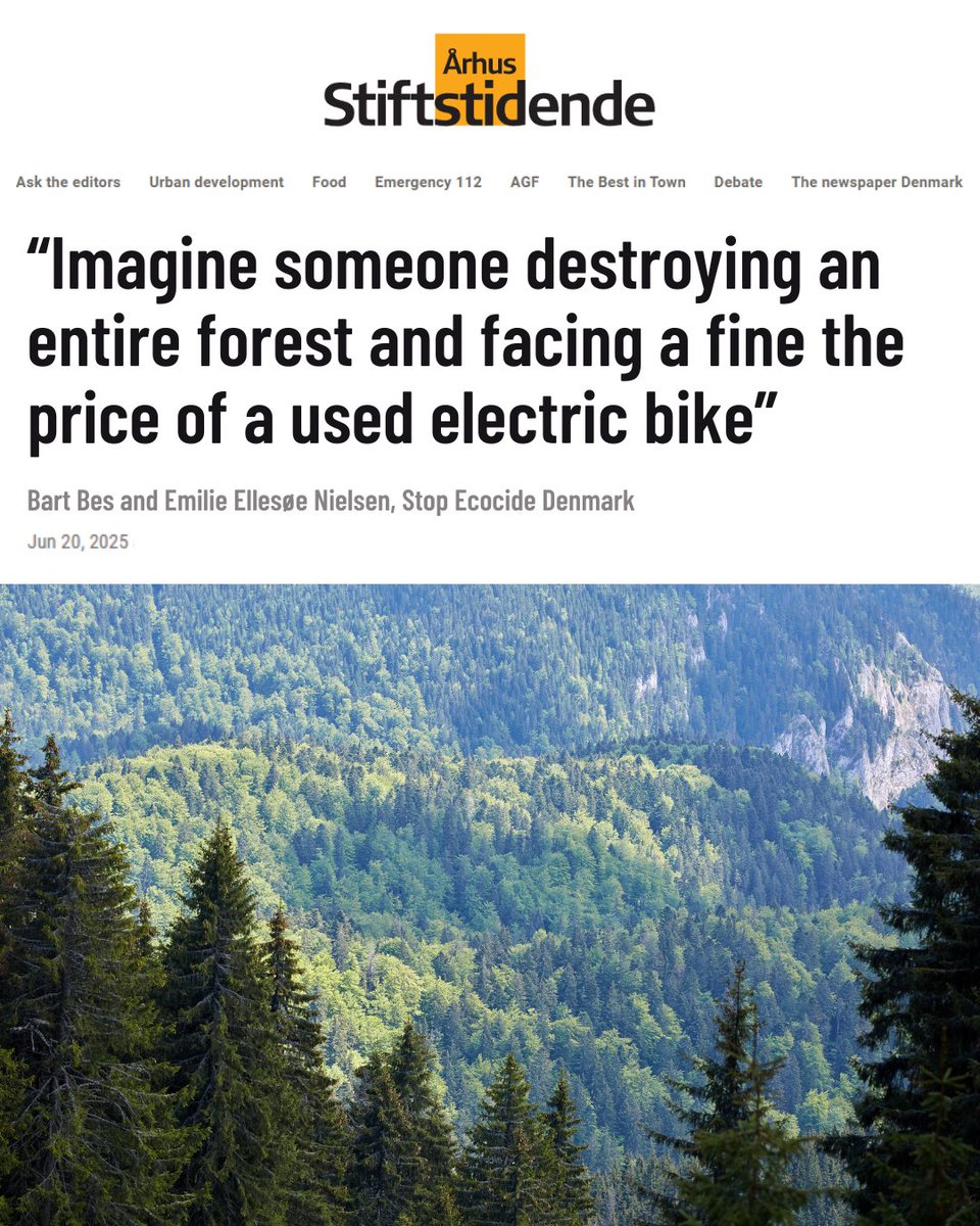 “Imagine someone destroying an entire forest and facing a fine the price of a used electric bike”

- Stop Ecocide Denmark's Bart Bes &amp; Emilie Ellesøe Nielsen write about the need for #EcocideLaw in Århus Stiftstidende.

Full story 🔗 stiften.dk/debat/vi-skal-…

#StopEcocide