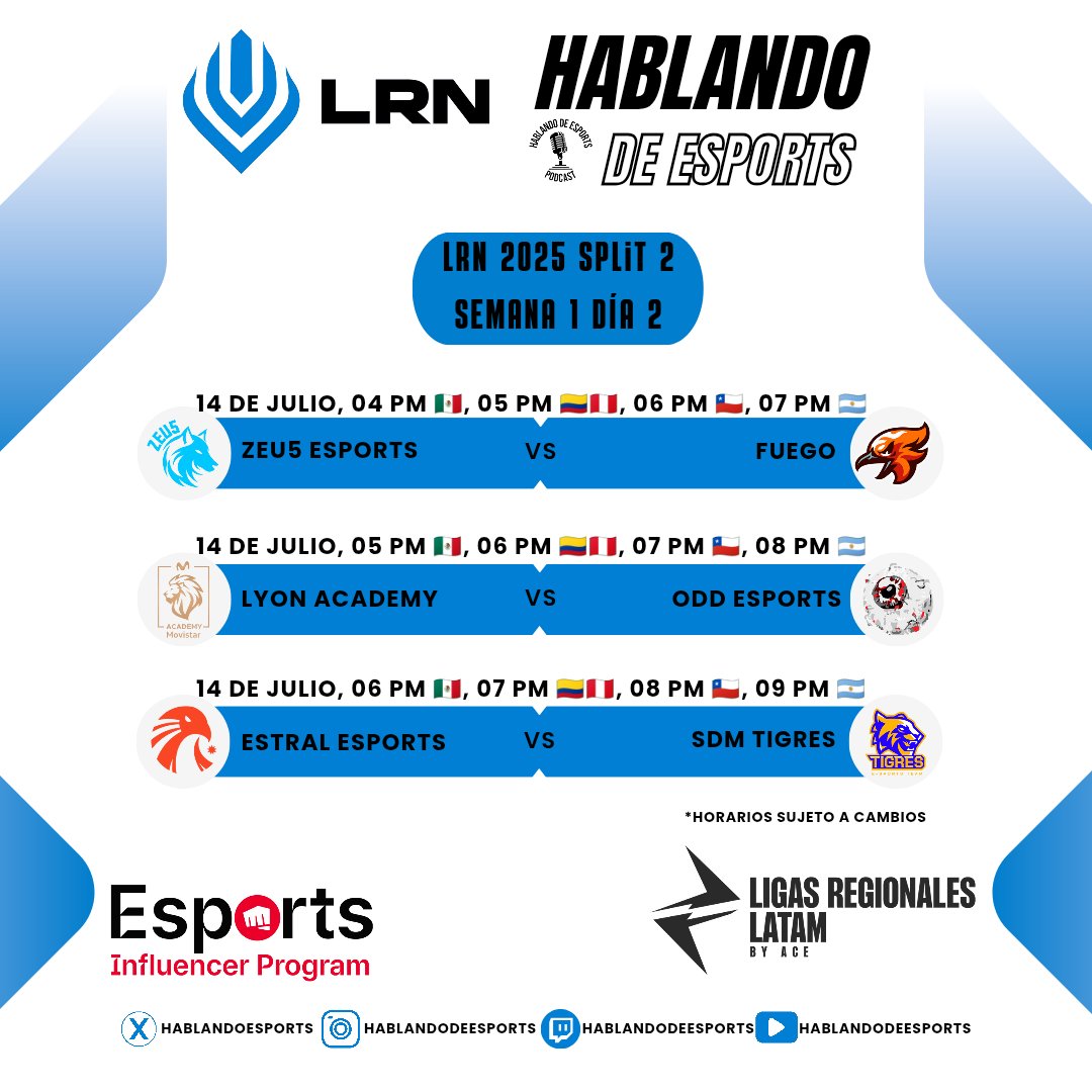 HablandoEsports's tweet photo. LRN 2025 Split 2
Continúa la acción de la semana 1 de la LRN y aquí te dejamos la programación de hoy
@Zeu5_esports vs @fuegocw
@LyonLATAM Academy vs @odd_mx
@EstralEsports__ vs @SDMTigres
#LRN #EIP #JuntosSomosInvencibles #WeWillRise #SomosLAN #GODD #SomosEstral #SDMTigres https://t.co/eZrny97yEa