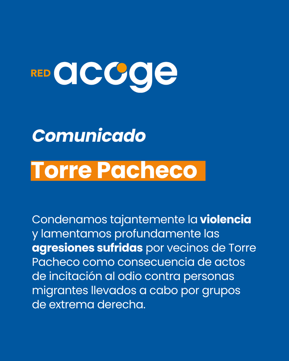 🟠Condenamos tajantemente la violencia y lamentamos profundamente las agresiones sufridas por vecinos de #TorrePacheco como consecuencia de actos de incitación al odio contra personas migrantes llevados a cabo por grupos de extrema derecha. 

🔗COMUNICADO: goo.su/2iBGHPb