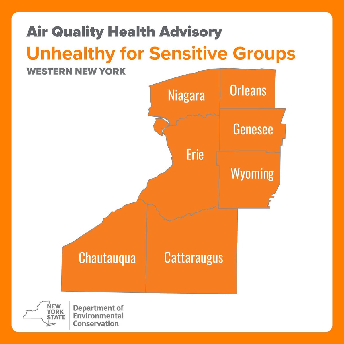 markpoloncarz's tweet image. There is an air quality health advisory for smoke-enhanced fine particles today, July 14th, for WNY.
Air pollution is at a level that could cause health problems for people who are more vulnerable to the effects of air pollution.
👉 Latest AQI forecast: extapps.dec.ny.gov/cfmx/extapps/a…