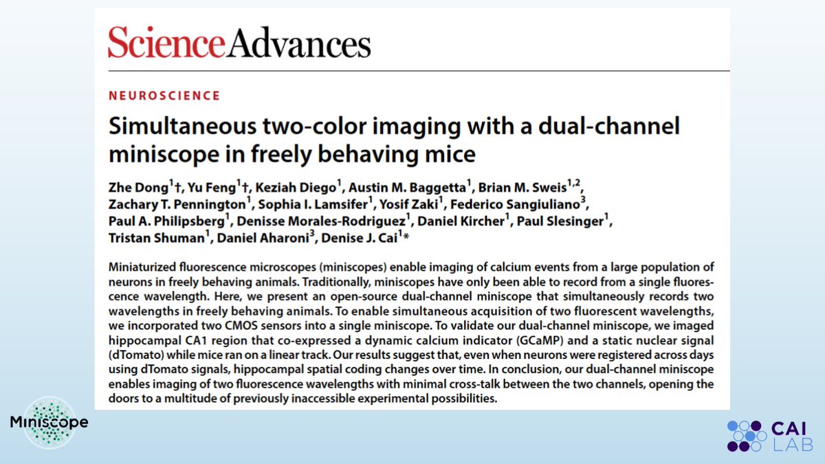 What’s better than a one-channel #Miniscope? 🥁 A TWO-CHANNEL Miniscope!

Our new Miniscope2C is a dual-channel, open-source Miniscope that lets you record 2 fluorescent signals simultaneously in freely moving animals.

Read the paper here: 
science.org/doi/10.1126/sc…

(1/9)