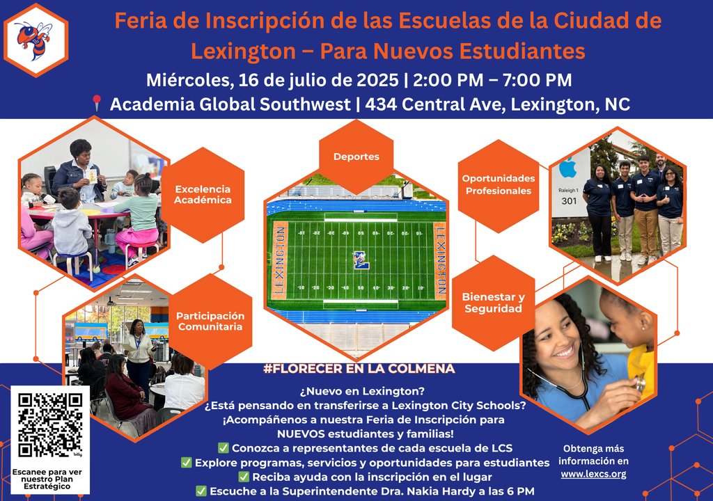 📚 ¿Nuevo en LCS? ¡Ven y regístrate!

Únete a nuestra Feria de Inscripción para Nuevos Estudiantes 🐝
📅 Mié., 16 de julio | 🕑 2–7 PM
📍 Southwest Global Academy | 434 Central Ave, Lexington, NC
🌐 lexcs.org