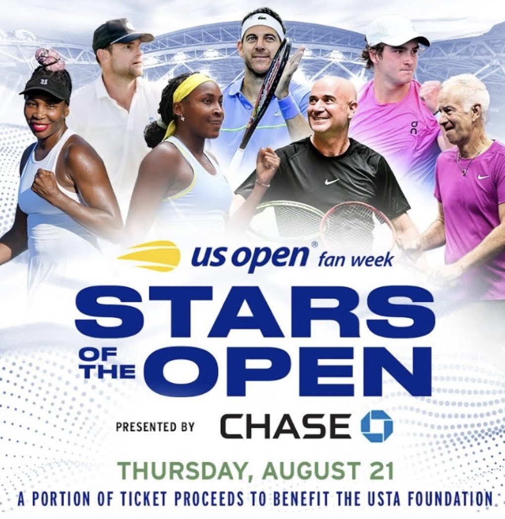 MichalSamulski's tweet image. Coco Gauff, Joao Fonseca, Andre Agassi, Venus Williams, John McEnroe, Andy Roddick and Juan Martin del Potro will take part in US Open Fan Week Exhibition on Thursday, August 21.