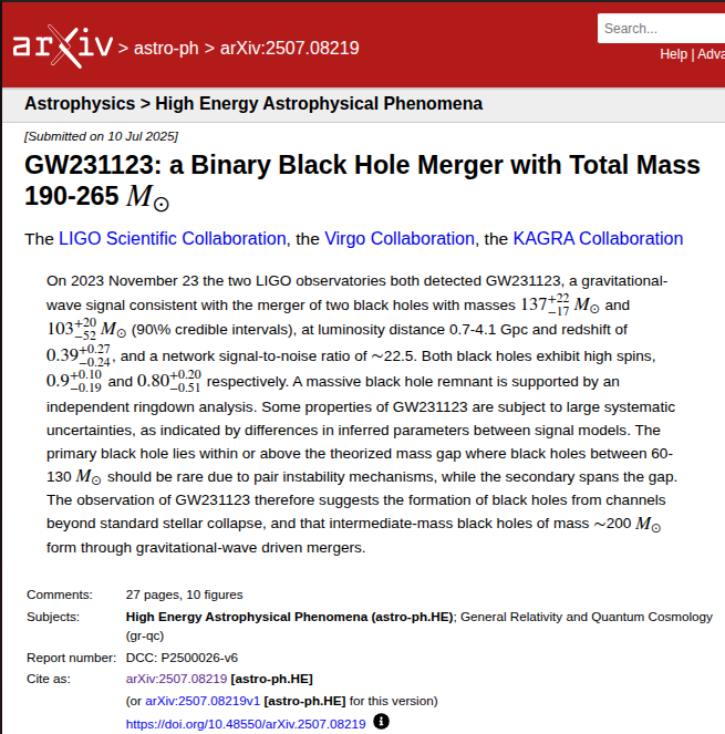 LIGO's tweet image. The LIGO @ego_virgo @KAGRA_PR study of #GW231123 was posted to the arXiv today, and is free to read
arxiv.org/abs/2507.08219
Data are available from the GW Open Science Center
gwosc.org/eventapi/html/…
#OpenScience #OpenData