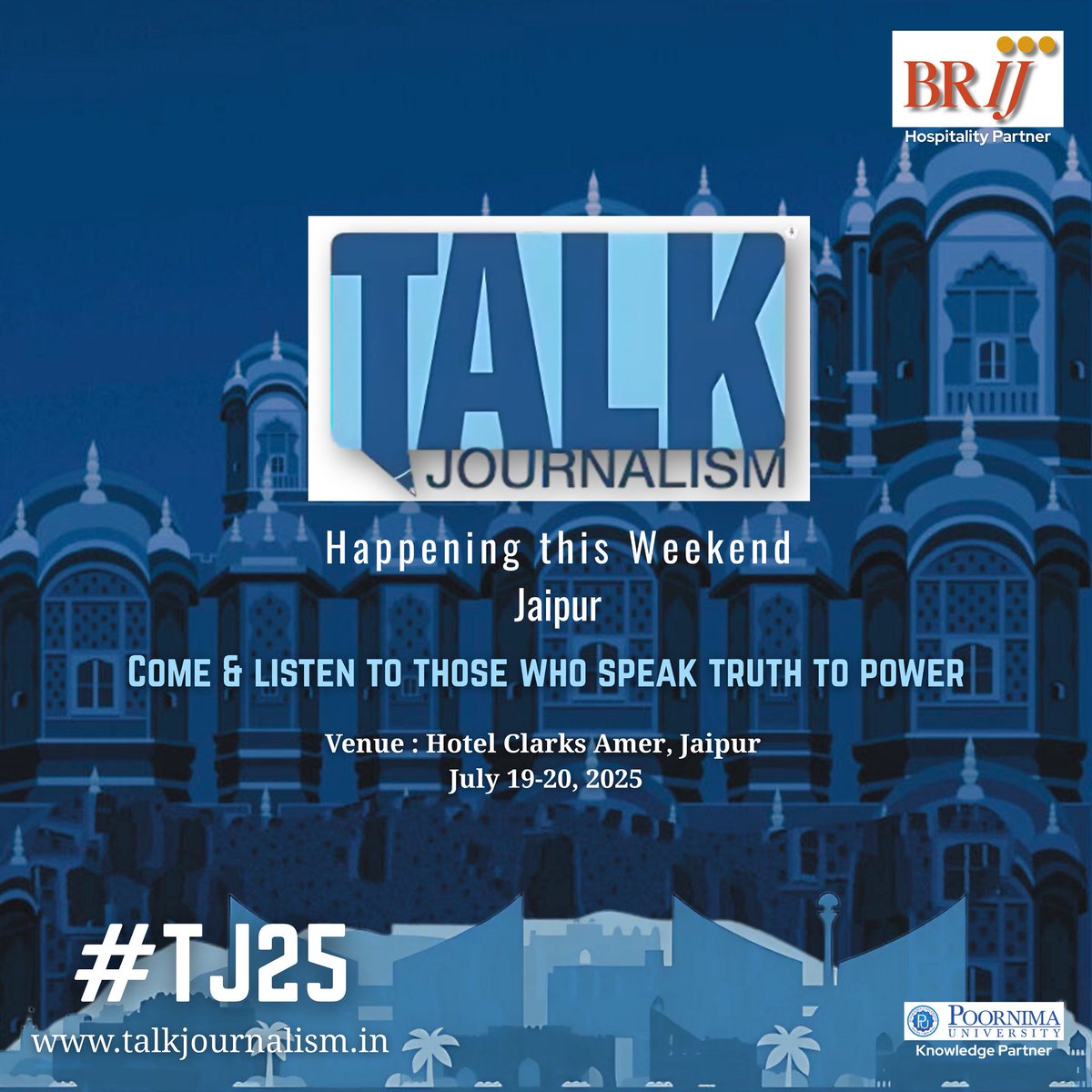 journalism_talk's tweet image. Save the dates- we’re back!
Talk Journalism 2025 is happening on 19–20 July at Hotel Clarks Amer, Jaipur
A weekend of bold conversations, sharp insights, and inspiring voices from the world of media and storytelling awaits.
Are you ready?
#TJ25