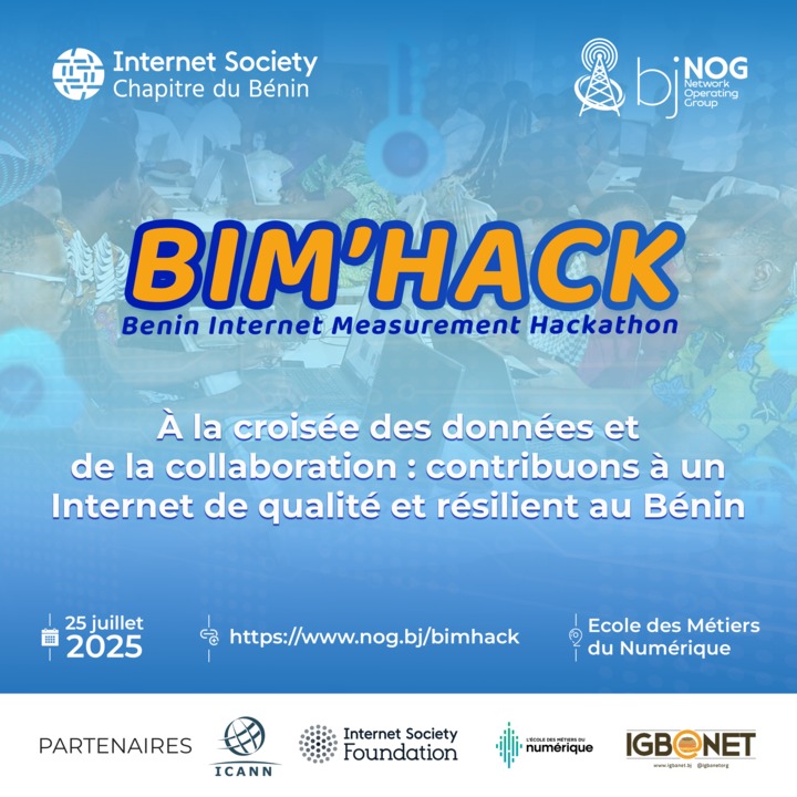 Le BIM’HACK (Benin Internet Measurement Hackathon) débarque le 25 juillet à l’Ecole des Métiers du Numérique. Inscrivez vous maintenant : nog.bj/bimhack avant le vendredi prochain (18/07/2025).

#ISOCBenin #BIMHACK #BjNOG #InternetPourTous #OpenData #Hackathon229
