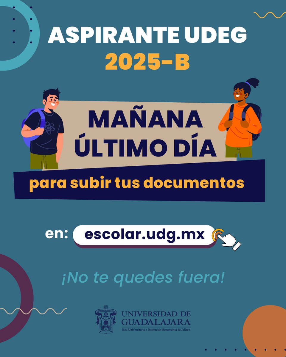 ¡Atención #AspiranteCUCS2025B! Recuerda que mañana es el último día para concluir tu proceso de admisión.

🔗 Sube tus documentos en: escolar.udg.mx
⏰ Fecha límite: Mañana 25 de julio

¡No lo olvides!