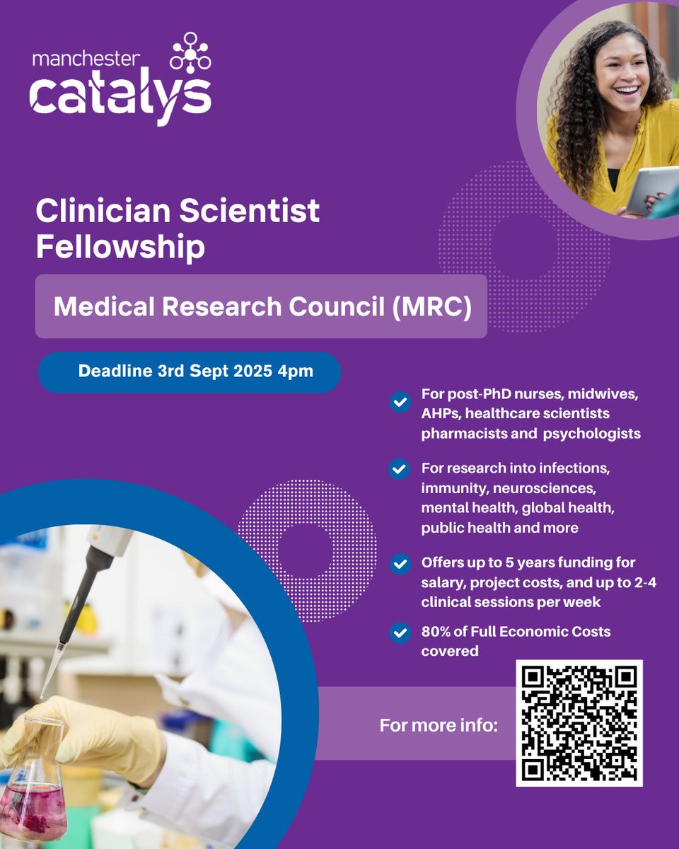 mcrcatalys's tweet image. 🚨 FUNDING OPPORTUNITY: MRC Clinician Scientist Fellowship now open!
👩⚕️ For post-PhD HCPs
💰 Up to 5 years funding (80% FEC)
🏥 Stay clinically active (2-4 sessions/week)
🔬 Lead your own research
Deadline: 3 Sept 2025, 4pm
Apply: ukri.org/opportunity/cl… #HealthcareResearch