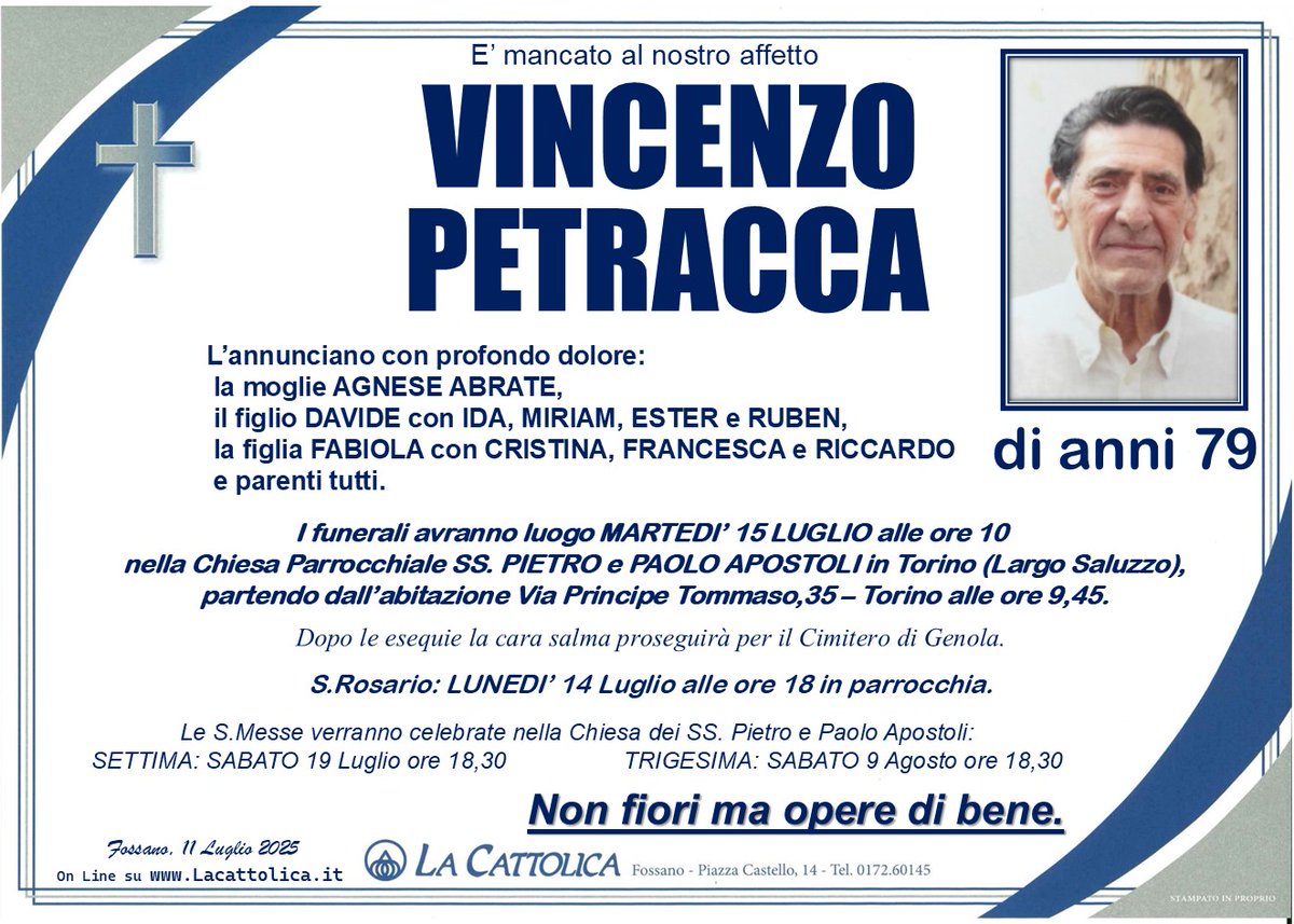 la nostra #famiglia <a href="/LauraCarloBravi/">Famiglia Laura e Carlo Bravi</a> partecipa al dolore per la morte dell'amico

Vincenzo PETRACCA

avvenuta nei giorni scorsi a #Torino. È vicina alla moglie Agnese e a tutti i suoi cari, ed invoca #Dio affinché accolga Vincenzo nella #Luce del #Paradiso.