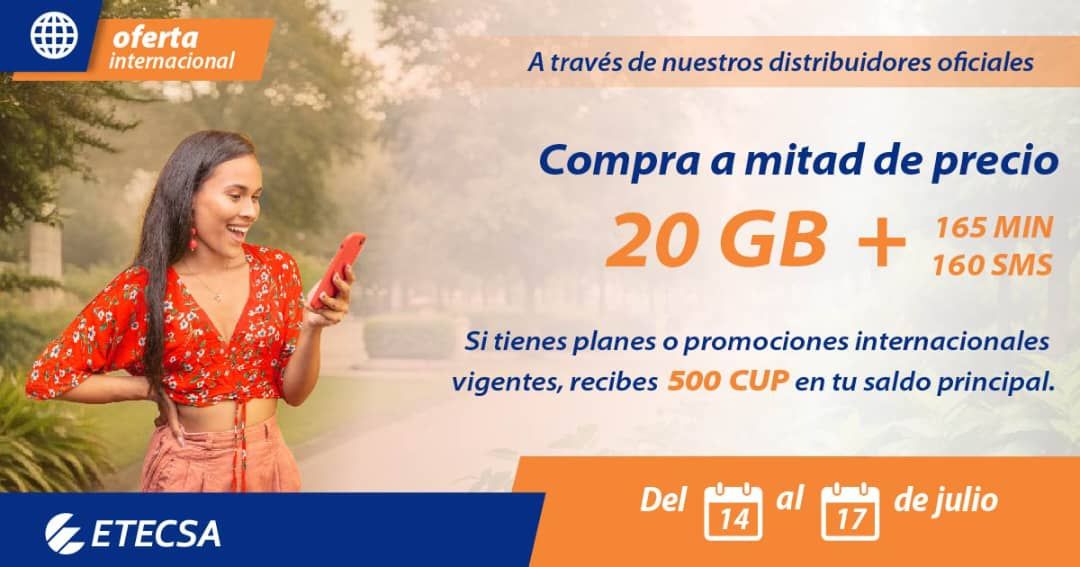 Ya está disponible la oferta promocional! ✨
Compra a mitad de precio con nuestros distribuidores oficiales 
Detalles en etecsa.cu. 🔗
#RecargaInternacional.