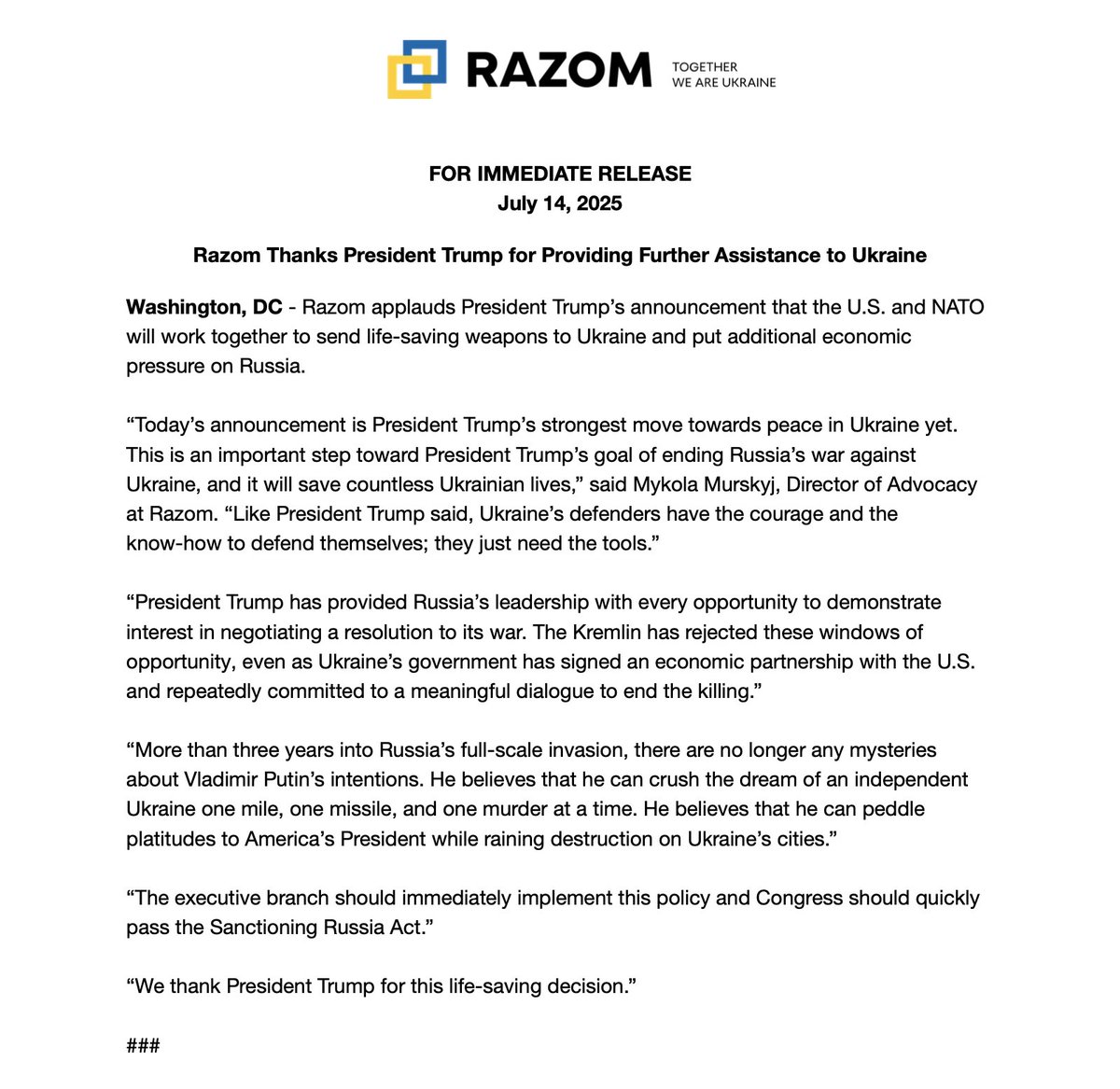 Razom for Ukraine 🇺🇸🤝🇺🇦 (@razomforukraine) on Twitter photo ‼️Razom applauds <a href="/POTUS/">President Donald J. Trump</a>'s announcement that the U.S. and NATO will work together to send life-saving weapons to Ukraine and put additional pressure on Russia. The executive branch should immediately implement this policy, and Congress should quickly pass the Sanctioning Russia ‼️Razom applauds <a href="/POTUS/">President Donald J. Trump</a>'s announcement that the U.S. and NATO will work together to send life-saving weapons to Ukraine and put additional pressure on Russia. The executive branch should immediately implement this policy, and Congress should quickly pass the Sanctioning Russia