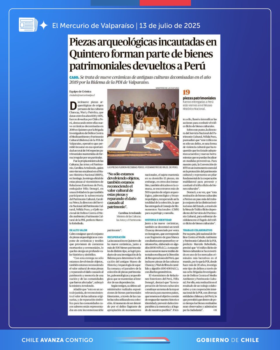 📰 Piezas arqueológicas incautadas en Quintero forman parte de bienes patrimoniales devueltos a Perú

📍Nota en El Mercurio de Valparaíso, edición del 13 de julio.