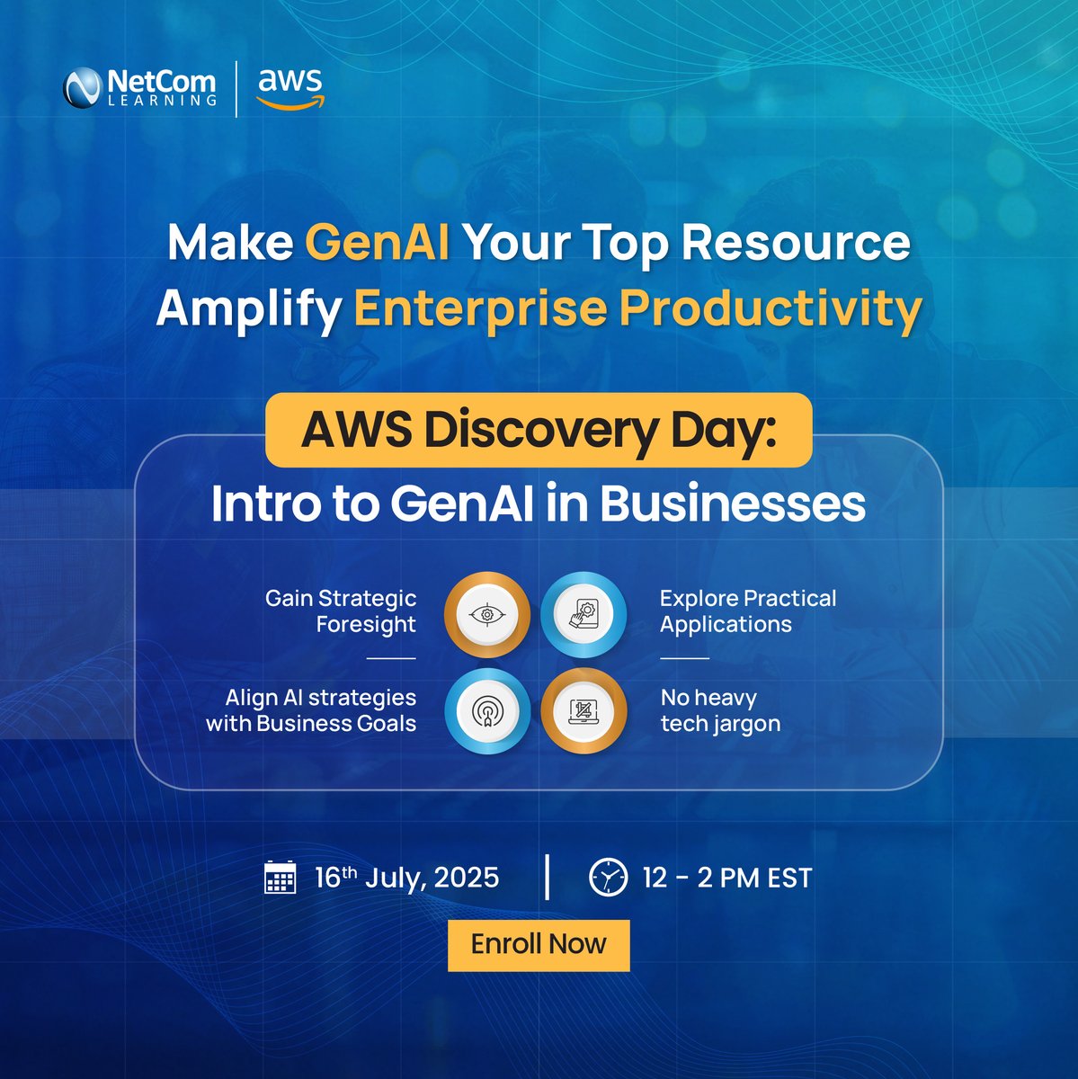 Unlock GenAI's potential! 
Join our free AWS Discovery Day for insights on use cases and strategies. 

Last spots left! 
Register now: shorturl.at/qQp2n 

#GenAI #AWSTraining #AWSDiscoveryDay #GenAIAdoption #NetComLearning