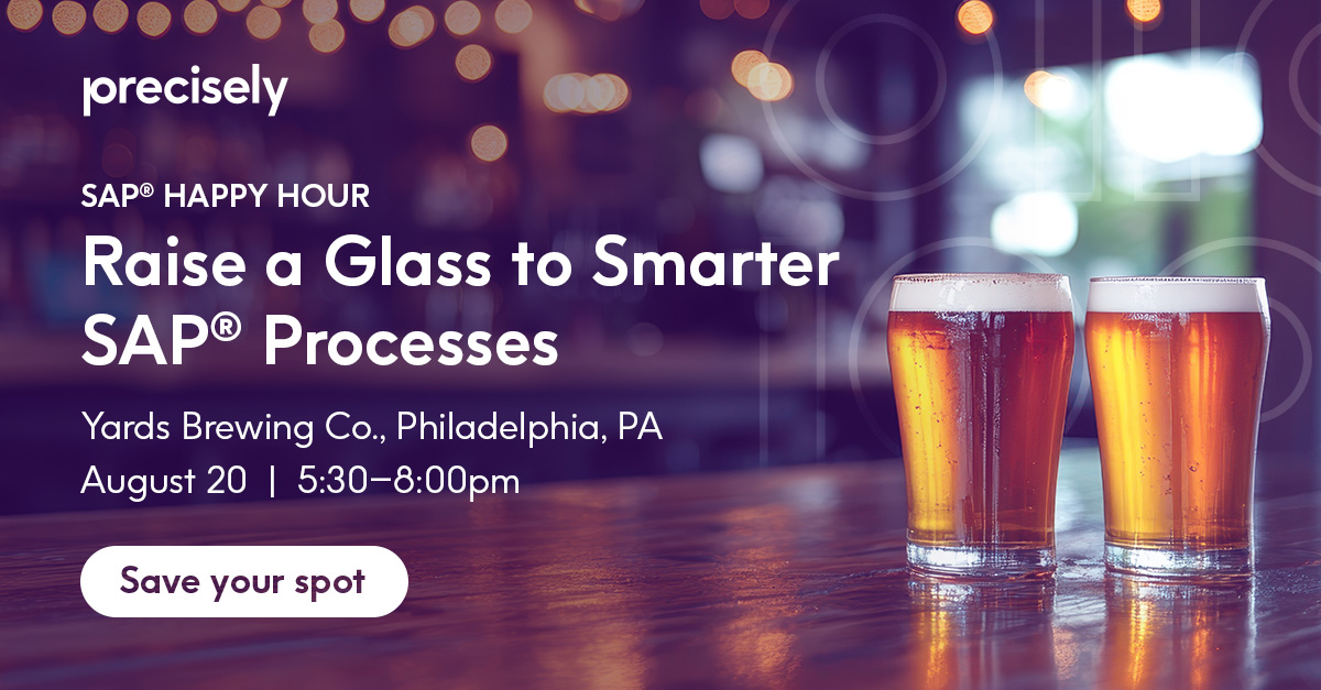 Precisely (@preciselydata) on Twitter photo Join Precisely Automate at Yards Brewing Co. on Aug 20!
 Craft beer, bites, a private tour & smart SAP process automation talk.
 5:30–8 PM | Philly
 RSVP: okt.to/RL26W3
 #SAP #PhillyTech #CheersToAutomation Join Precisely Automate at Yards Brewing Co. on Aug 20!
 Craft beer, bites, a private tour & smart SAP process automation talk.
 5:30–8 PM | Philly
 RSVP: okt.to/RL26W3
 #SAP #PhillyTech #CheersToAutomation