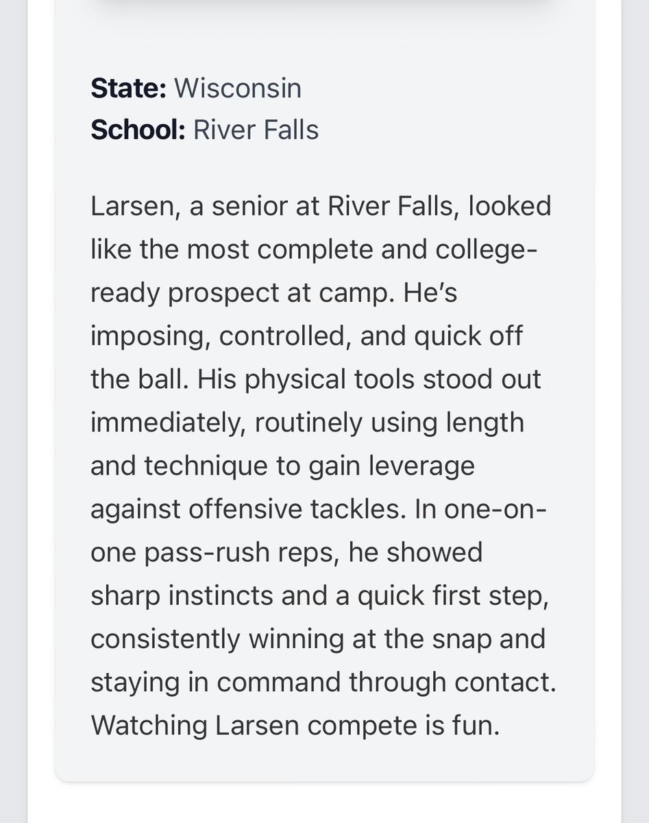 jacklarsen08's tweet image. Thanks to @BookofEllis for the incredible feedback from the @UWStoutFootball camp. I love to compete and can’t wait to showcase my skills this weekend at @NSUWolves_FB
@NWahlScouting @PrepRedzoneWI