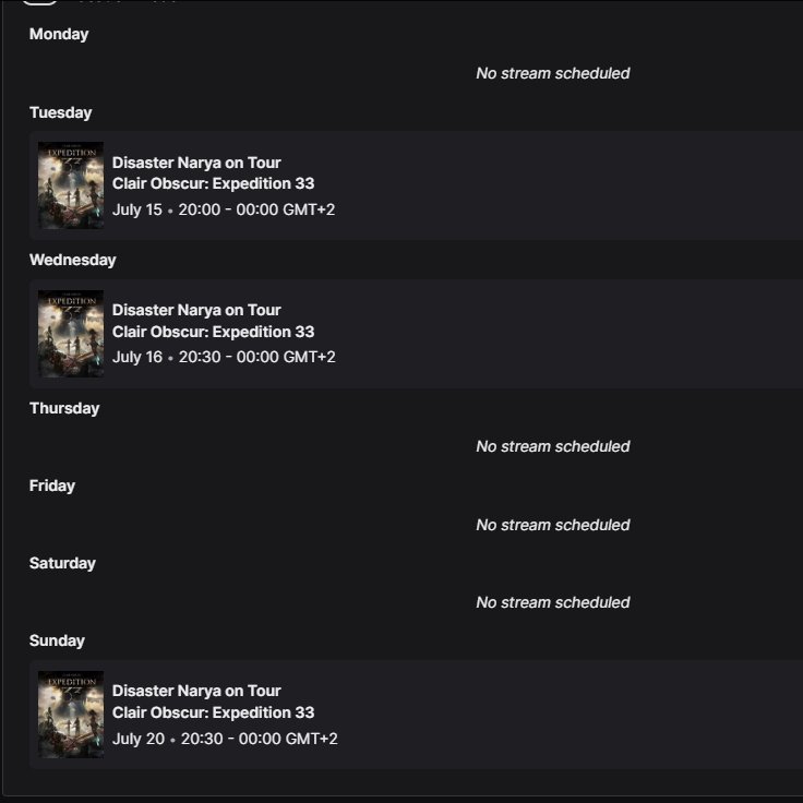 NaryaCosplay's tweet image. Since I&apos;m feeling a bit under the weather, I had to update my #stream schedule.

Trying to finish #ClairObscurExpedition33 this week.