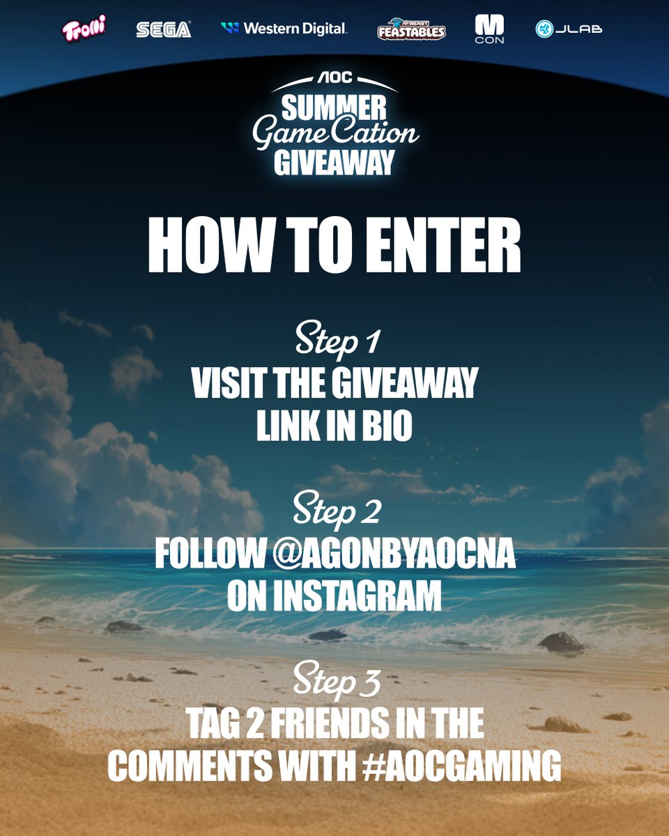 🌴 Summer GameCation Giveaway! 🎮
Win 1 of 5 prize packs ($4.5K+ value) incl. <a href="/agonbyaocna/">AGON by AOC North America</a> QD-OLED monitors, @sega game codes, snacks &amp; gear from <a href="/Trolli_USA/">Trolli Candy</a>, <a href="/Feastables/">Feastables</a>, @jlabaudio, @WesternDigital &amp; more!

Enter: LINK IN BIO (IG <a href="/agonbyaocna/">AGON by AOC North America</a>)
T&amp;Cs apply.
#Giveaway #GameCation