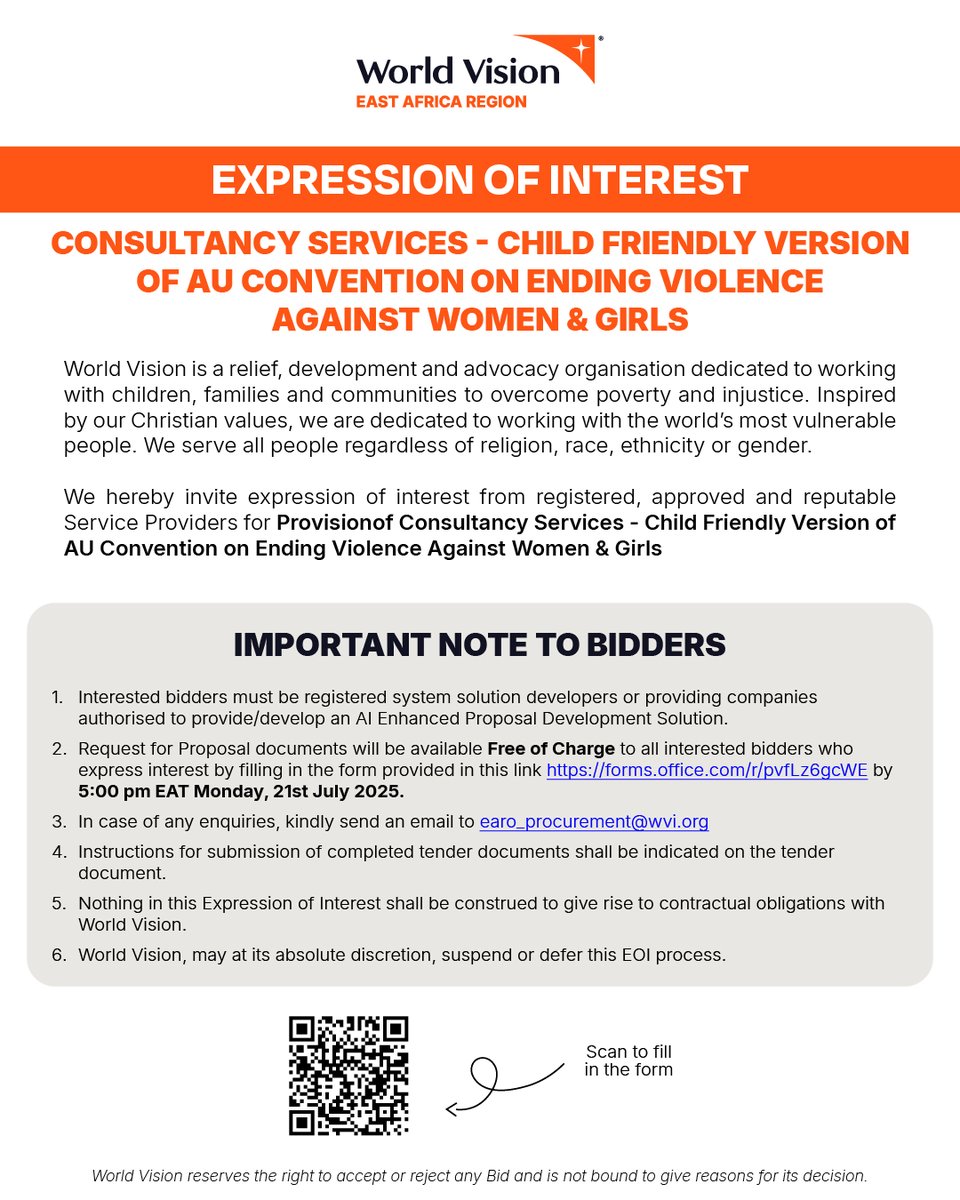 WorldVisionEARO's tweet image. Expression of Interest 🚨
World Vision East Africa is seeking a reputable consultancy service provider to develop a child-friendly version of the AU Conventions on Ending Violence Against Women and Girls.
📝 Access the tender document here: tinyurl.com/54k4vdk9
📅 Deadline:…