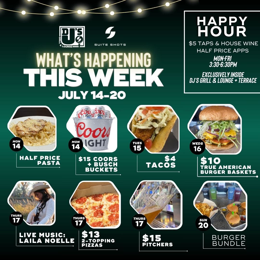 🌟 Half-price pasta + $15 pitchers &amp; buckets + a first-time acoustic artist hitting the Suite Shots stage this week! 🎶
•
Deals, promotions, &amp; events:
➡️ suiteshotsfargo.com/deals-promos/
➡️ suiteshotsfargo.com/events/
#SuiteShots #DJsGrillLounge #LiveMusic