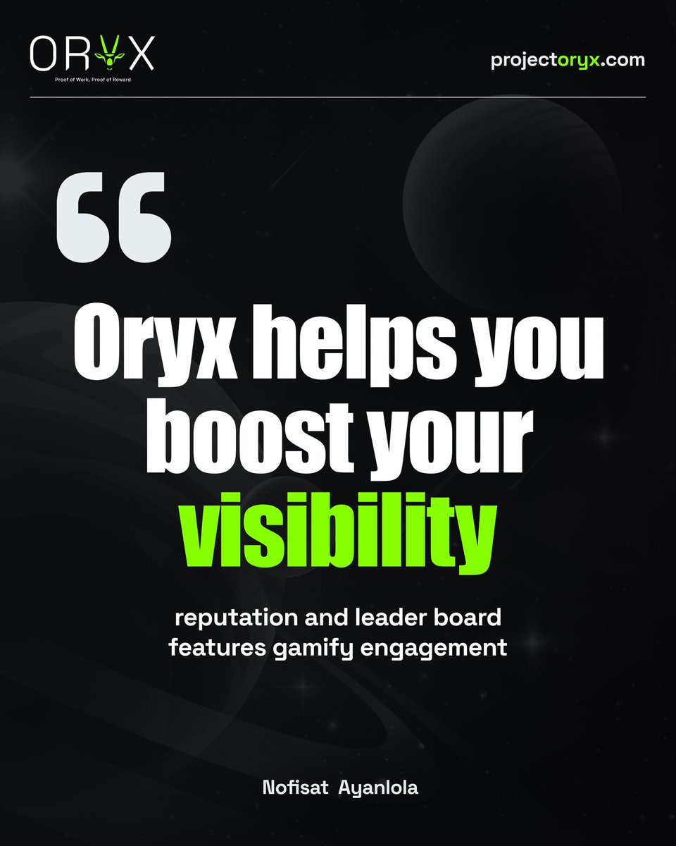 oryx_hq's tweet photo. Just as @Nafkem1 said.
Want to be seen? Start building.
Oryx helps you boost your visibility with every milestone you hit.
From rep points to leaderboards, we gamify growth so real builders rise.
No noise. Just proof.
#BuildWithOryx #Web3Africa #ProofOfReward #OnChainImpact https://t.co/HBHsuxk5aU